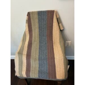Handmade Crochet Throw Blanket 38x38 Neutral Striped Afghan Cozy Cottage Decor